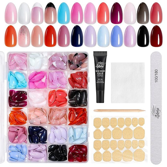 Press on Nails Kit 576 Pcs 24 Colors, Short Almond Glossy French Color Nail Tips with Nail Glue & Nail Tabs Stickers,Natural Fit Lightweight Nail Art for Women Girls