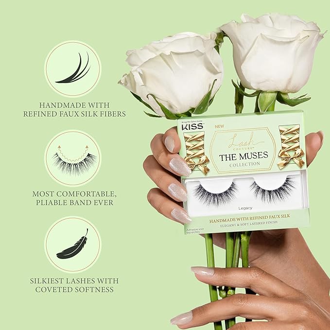 KISS Lash Couture The Muses Collection False Eyelashes, Duchess', 16 mm, Handmade, Refined Faux Silk, Contact Lens Friendly, Easy to Apply, Includes 1 Pair Reusable Strip Lashes (Pack of 4)