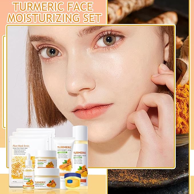 Turmeric Skin Care Set,Facial Kit with Facial Cleanser,Toner,Eye Cream,Face Serum,Honey Lip Balm,Face Cream,Lotion & 3PCS Honey Mask,Travel Skincare Kit for Women (9PCS)