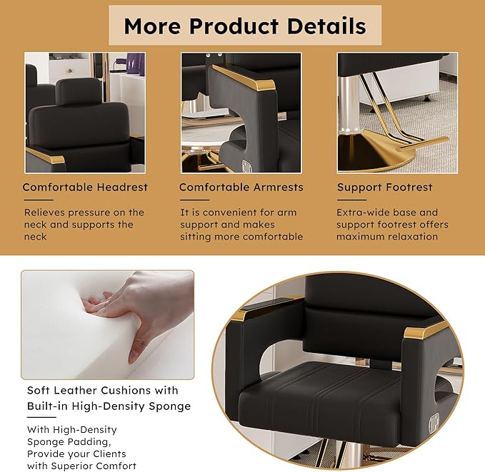 Barber Salon Chair, 360° Rolling Swivel Styling Hair Chair with Adjustable Height, Heavy Duty Hydraulic Pump & Reclining Backrest for Salon & Barber Shop(Black + Gold)