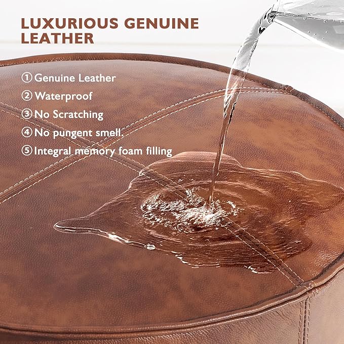 Leather Ottoman,Handmade Stuffed Square Ottoman,Genuine Leather Pouf, Foot Rest Pouf,Comfortable Soft Seating for Living Room & Bedroom (Brown, Round)