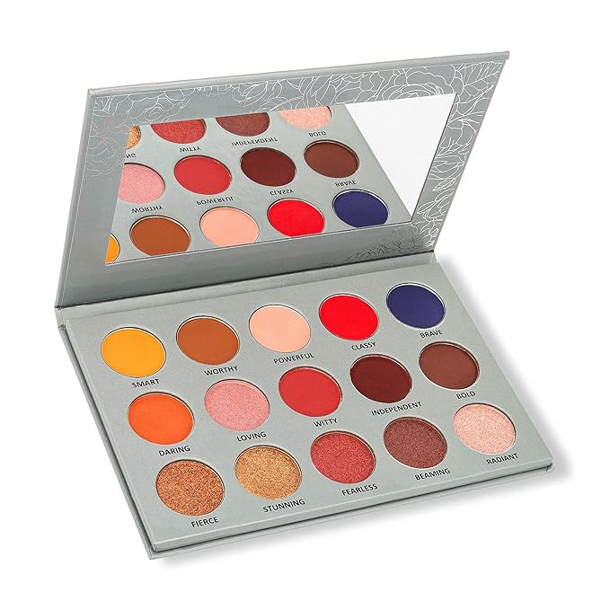 | 15 color pigmented blendable eyeshadow palette with mirror, warm neutral matte shimmery shades, travel size makeup