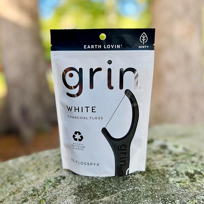 GRIN White Charcoal Infused Flosspyx, 75 Count, Dental Flossers, Minty Flavor, Recycled Plastic, Charcoal Infused Floss Picks, Premium Longer Floss Head, Easy Slide, Includes Soft Fold-Back Tooth Pick