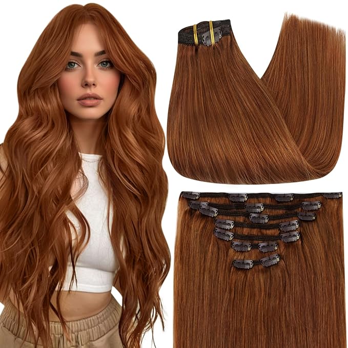 Full Shine Copper Clip in Hair Extensions Human Hair 22 Inch Copper Hair Extensions Clip ins for Women 7 Pcs 120 G