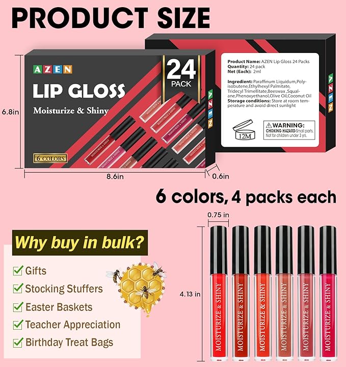 AZEN 24 Pack Lip Gloss Bulk Set, Shimmery Lip Gloss for Women and Girls With Rich Varied Colors