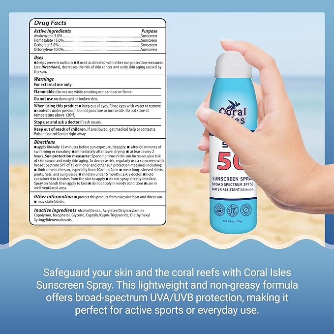 Reef Safe Sunscreen Spray SPF 50 - Broad Spectrum UVA/UVB Protection - Octinoxate & Oxybenzone Free - Hawaii Compliant - Non-Greasy, Fragrance Free - Water Resistant - 6 Fl Oz 3 pack