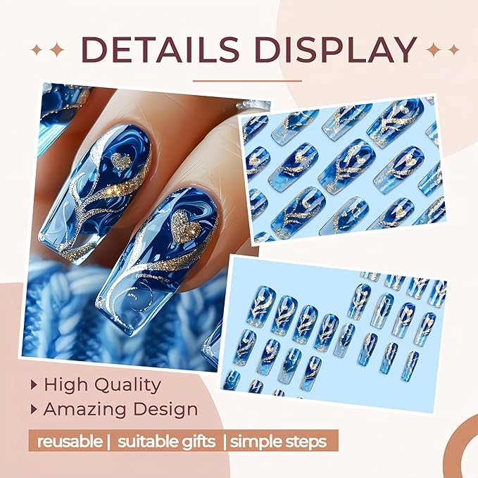 24Pcs Gold Curve Line Press on Nails Medium Square Fake Nails Glossy Blue Gradient False Nails Sea Love Heart Acrylic Nails Sparkly Ombre Line Glue on Fingernails for Coquette Women Holiday Nail Art