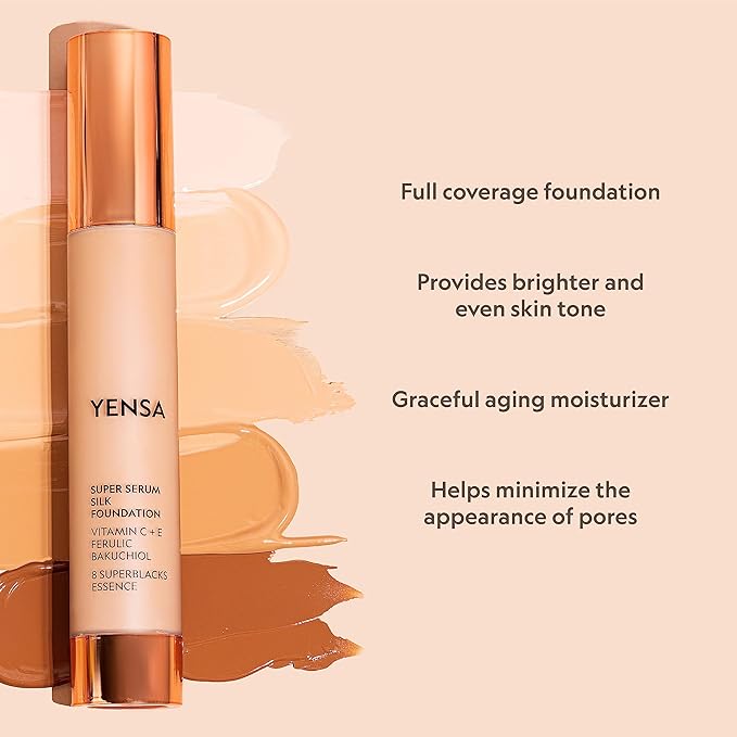 YENSA Serum Foundation Makeup - Super Silk Full Coverage Foundation Enriched with Peptides, Vitamin C & Ferulic Acid to Help Reduce Fine Lines, Wrinkles & Dark Circles - Medium 1 (1 oz)