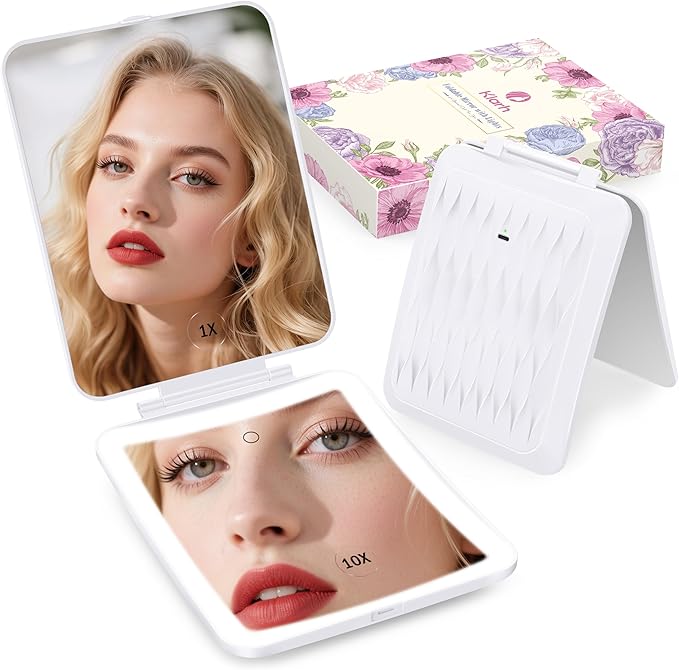 1X/10X Magnifying Makeup Mirror with 3 Colored Lights and Touch Control, 2700mAh Rechargeable LED Vanity Mirror for Home, Bathroom and Travel (Pearl White, with LED Lights)