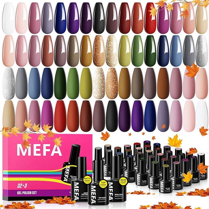 MEFA Fall Gel Nail Polish Set, 32 Colors Burgundy Red Gel Polish Set Champagne Gold Glitter Nail Polish Soak Off Dark Red Purple Shimmer Nude Brown Gel Nail Gifts for Women Girl DIY Salon