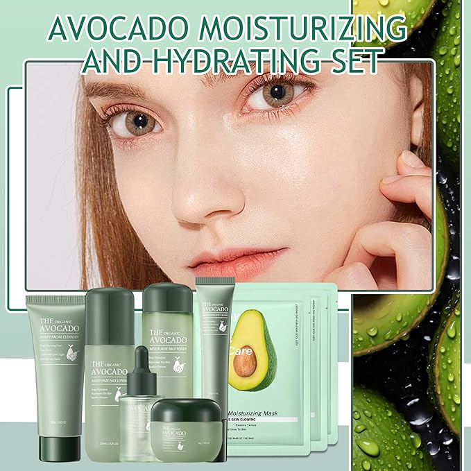 Avocado Skin Care Set,Facial Kit with Facial Cleanser,Toner,Eye Cream,Face Serum,Facial Serum,Face Cream,Lotion & 3PCS Face Mask,Travel Skincare Kit for Women (9PCS)