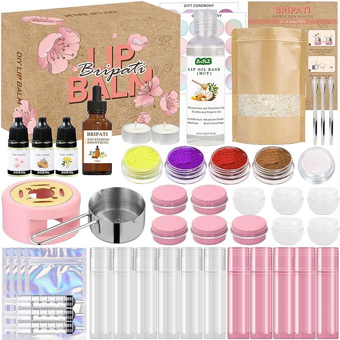 Lip Balm Making Kit - DIY Lip Gloss Kit to Make Your Own Lip Balm with Natural Beeswax, Lip Base Oil, Essential Oil, Tubes, Jars Lip Balm Craft Kit For Adults Girls Moisturizing Lip Care Kit