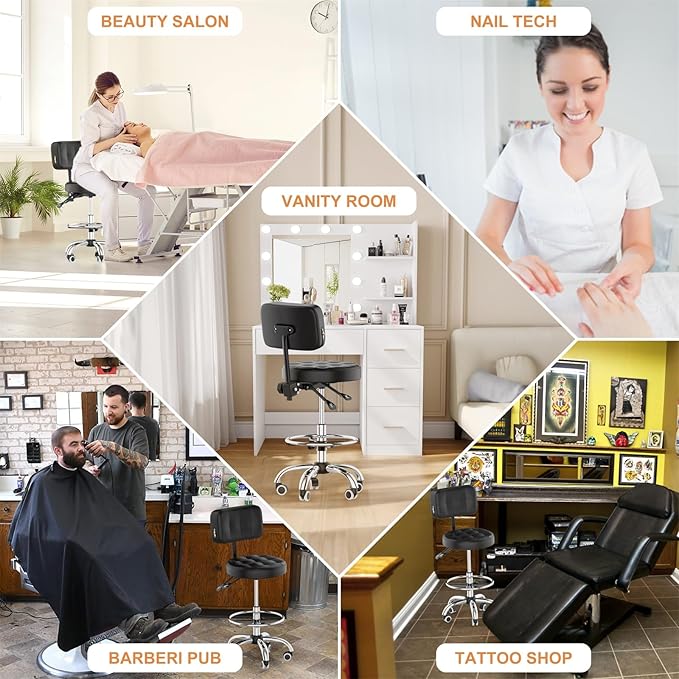 YJHome Rolling Stool, Rolling Stools with Wheels Foot Rest, Backrest Adjustable Height, Heavy Duty 400lbs Weight Capacity, Salon Spa Tattoo Massage Office Swivel Stool Chair (Black)