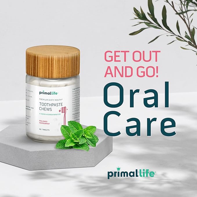 Primal Life Organics Premium Dirty Mouth Toothpaste Chews – Nano-Hydroxyapatite Whitening Toothpaste Tablets for Adults - Gluten Free, Vegan, Paleo - 60 Tablets in Jar - Polished Peppermint