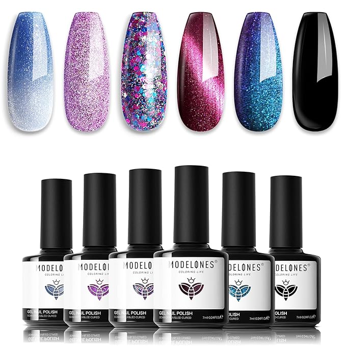 modelones Glitter Gel Nail Polish Set 6 Colors, Blue Color Changing Red Cat Eye Magnetic Gel Polish Chameleon Reflective Temperature Black Pink Nail Polish Soak Off LED Nail Art Manicure Kit Gift