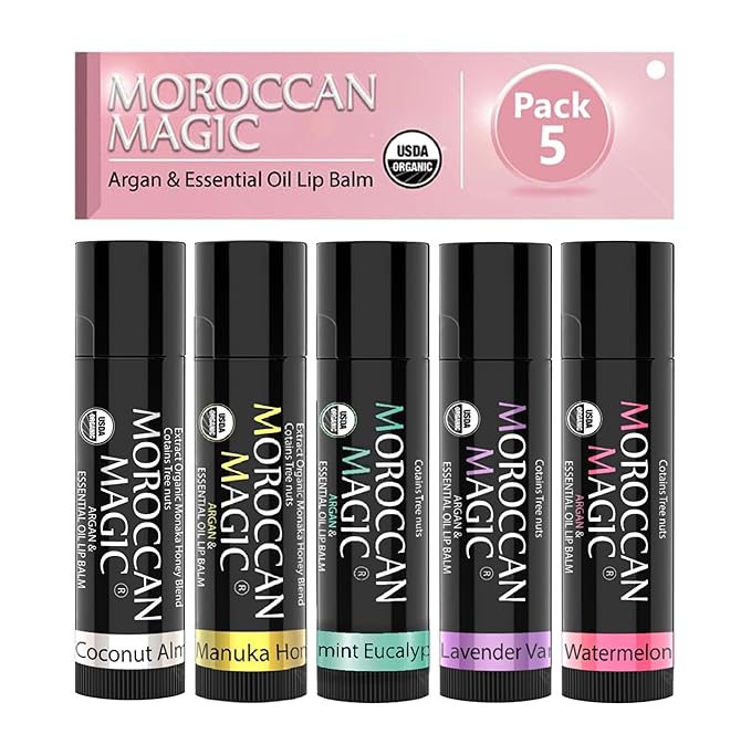 Moroccan Magic Organic Lip Balm 5 Piece Variety Pack Gift Set | Ultra-Hydrating Argan & Essential Oil Lip Moisturizer + Vitamin E | Smooth | Natural | Non-Toxic | Cruelty Free | 5 Pack