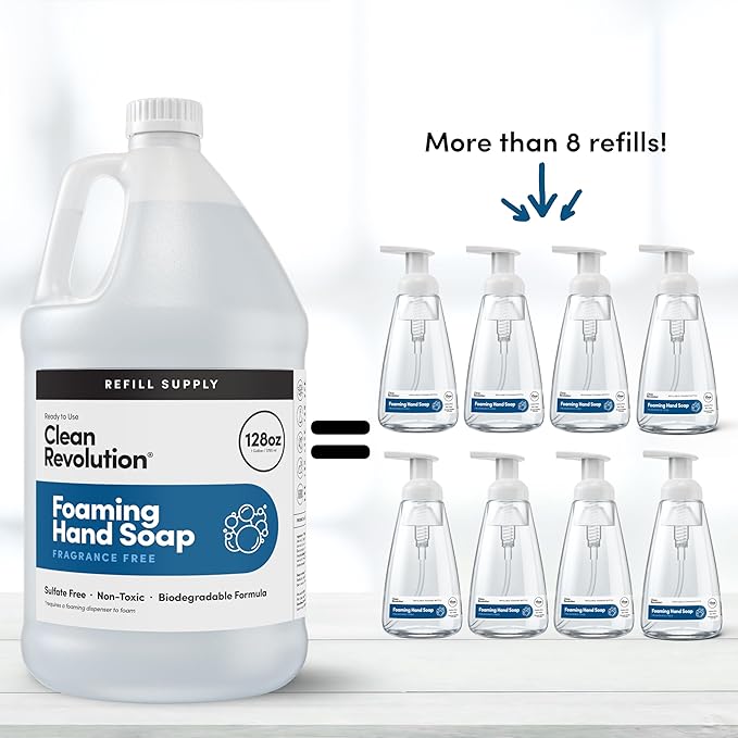 Clean Revolution Foaming Hand Soap Refill Supply Container, Ready to Use Formula, Gluten Free, Unscented and Fragrance Free, 128 Fl. Oz, 4 Pack