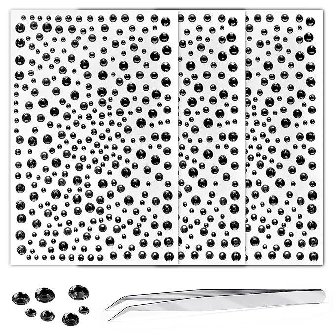 975Pcs Face Gems Hair Gems, Self-Adhesive Face Jewels Eye Jewels Rhinestones 3/4/5/6 mm DIY Face Gems Stick on, Hair Body Rhinestones Gems Crystals Pearls for Face Makeup, Crafts (gem_Black)