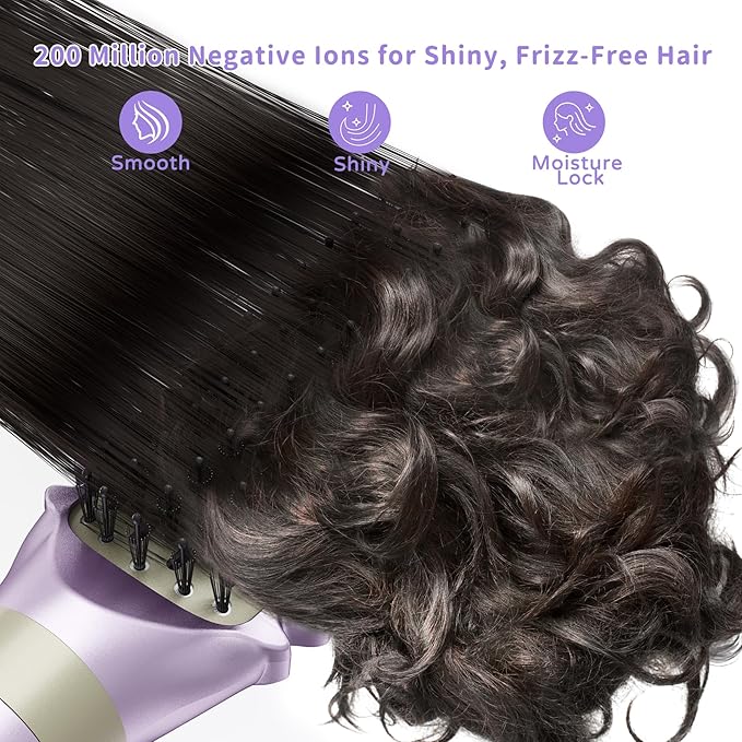 Hair Dryer Brush 8-in-1 Dual Voltage Hot Air Styler – Fast-Drying 110,000 RPM Ionic Blow Dryer with Straightener & Curler Attachments, Frizz-Free Volumizing Styler with Protective Hard Case-Purple
