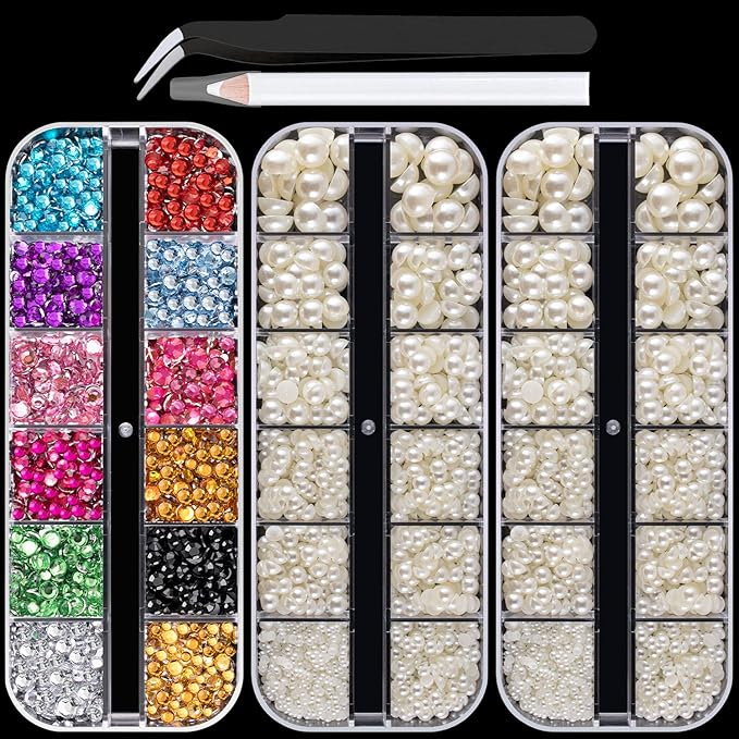 Flat Back Rhinestone+Half Round Pearl Kits Colorful Rhinestones+Beige Pearls With Picker Pencil And Tweezer For Home DIY And Professional Use