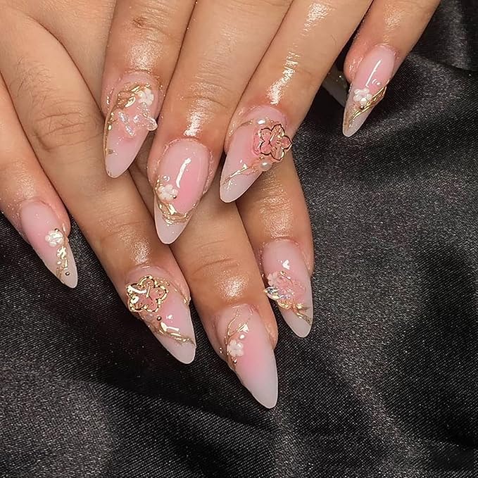 24Pcs Almond Press on Nails Medium Stiletto Fake Nails Flower Butterfly Charms Glue on Nails French Nails Tip False Nails Gradient Pink Stick on Nails Reusable Artificial Acrylic Nails for Women
