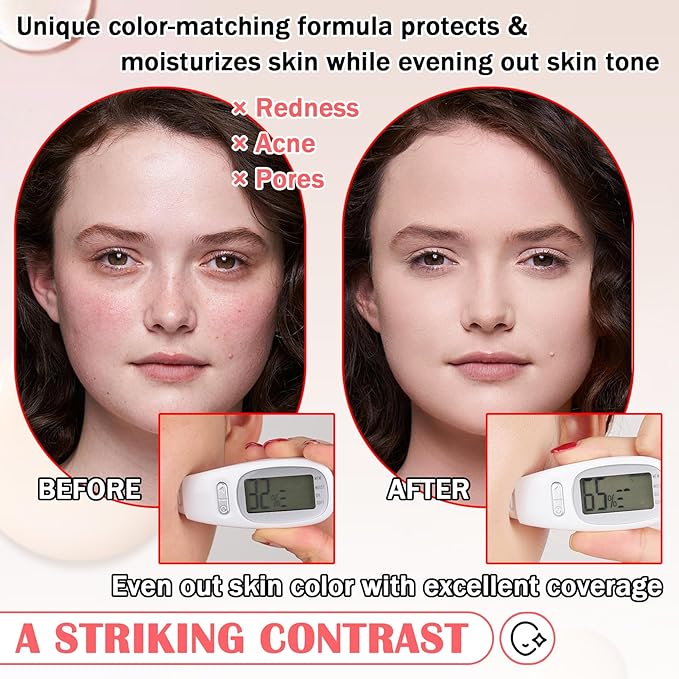 Color Changing Liquid Foundation & Full Coverage Concealer Foundation Face Primer Base Makeup Set,Moisturizing BB Cream & Loose Setting Face Powder with Makeup Sponge