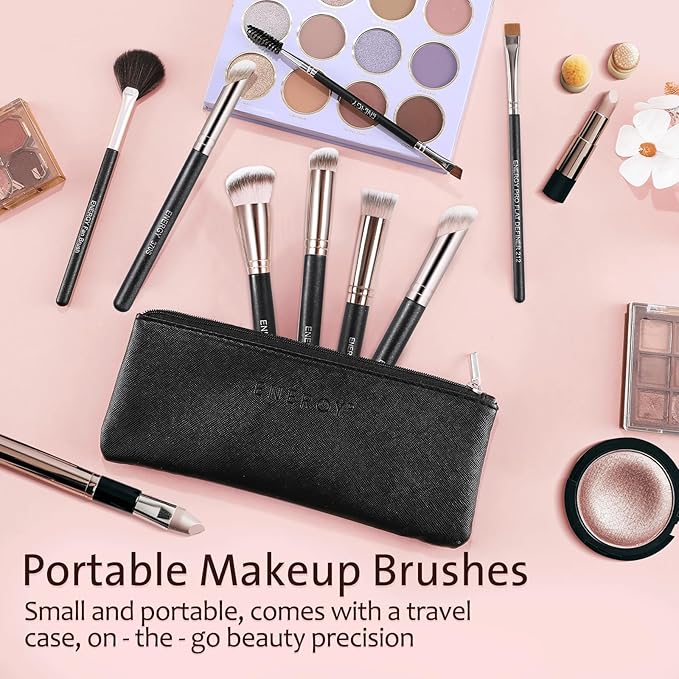 ENERGY Makeup Brush Set - 8PCS Professional Makeup Brushes for Foundation, Concealer, Eyeshadow, Blending, Contour, Powder, Eyeliner, Vegan Synthetic Fiber, Portable Travel Kit with Case (Black)