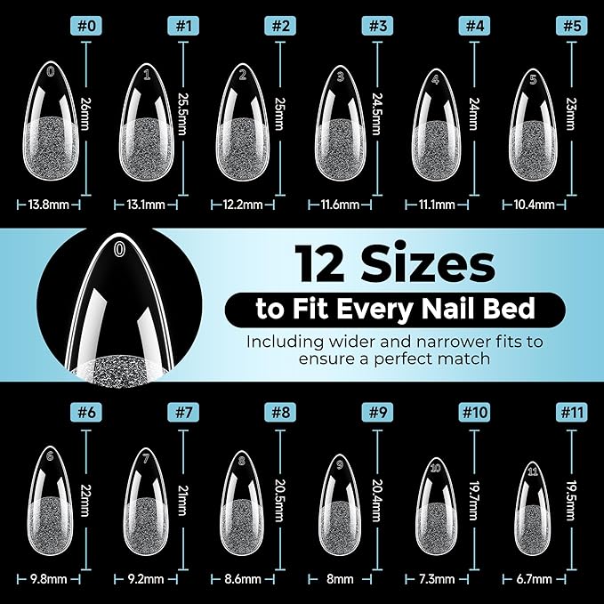 Medium Almond Nail Tips, 360pcs Soft Gel Pre-Shaped Acrylic Fake Nails, Half Matte Full Cover Clear Gelly Press on Flase Nail Tips for Extension Nail Manicure Home DIY 12 Sizes Gelly Tips