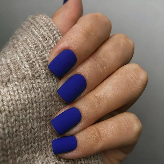 48Pcs Matte Royal Blue Press on Nails - Short Square Gel Nails - Glue on Acrylic Stick on False Nails for Women - Natural Handmade Thick Extra Short Petite