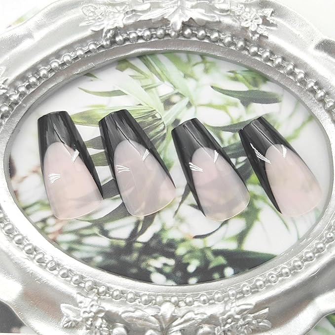 Medium Press On Nails Coffin Fake Nails Black French Tip False Nails Press Ons Nude Transparent Acrylic Glossy Glue On Artificial Stick On Nails for Women 24Pcs