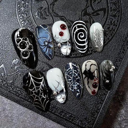 24pcs Halloween Press on Nails Medium Almond Fake Nails with 3D Spider Designs Spider Web False Nails French Tip Acrylic Nail Full Cover Glue on Nails for Women Holiday Nail Decoration