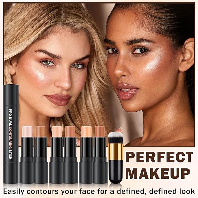 CAHIUYOA 6-Color Cream Contour & Highlighter Makeup Kit, Bronzer & Highlighter Stick for Beginner, Long-Lasting Waterproof Face Makeup