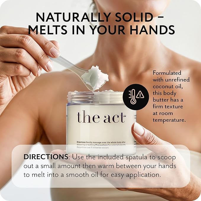 THE ACT Solid Coconut Body Butter – Organic Vegan Moisturizer with Shea & Almond Oils – Melts in Hands – Massage Balm for Dry Skin – Natural Skincare for Women & Men – 6 oz with Spatula