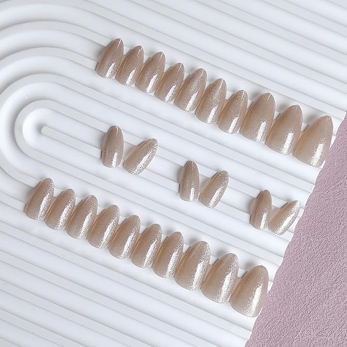 KQueenest Press On Nails Short - Light Nude Press On Nails Almond Shape, Natural Glitter Cat Eye Fake Nails with Nail Glue, Reusable Cute Bright Gel Glue On Nails with Color-Shifting Glow, 30 Pcs