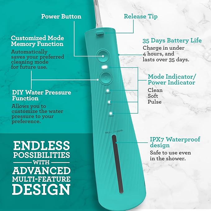 GuruNanda Lion & Lamb Kit 2.0, Electric Toothbrush with Water Flosser Combo, 4 Jet Tips, 4 Brush Heads, & IPX7 Waterproof Design for Complete Oral Care, Teal