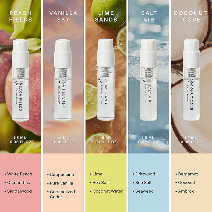 Skylar Perfume Discovery spray Sampler Set - Peach Fields, Vanilla Sky, Lime Sands, Salt Air, Coconut Cove - Hypoallergenic & Clean Perfume for Women & Men - 5 1.5mL