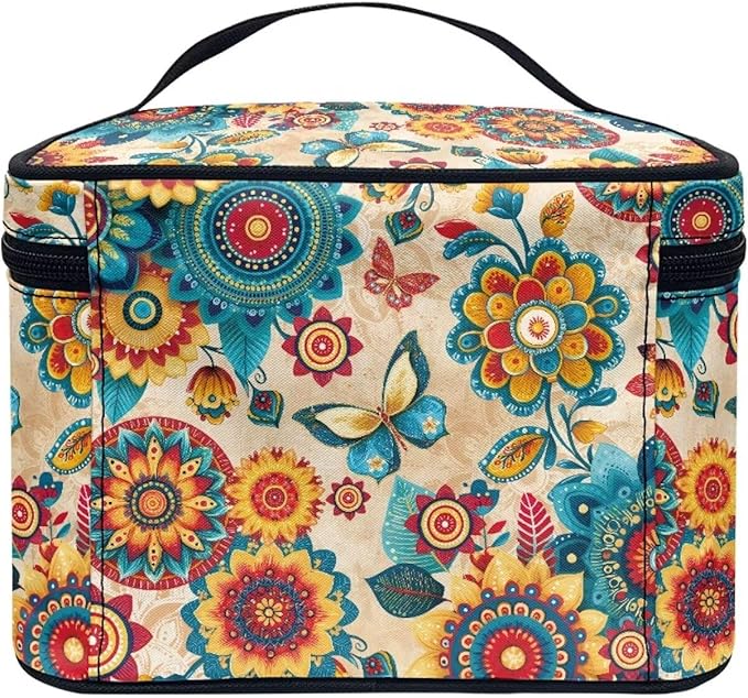 Boho Style Mandala Butterfly Pattern Travel Makeup Bags for Women Portable Tote Cosmetic Case with Carry Handle Toiletry Accessories Storage Organizer Bags