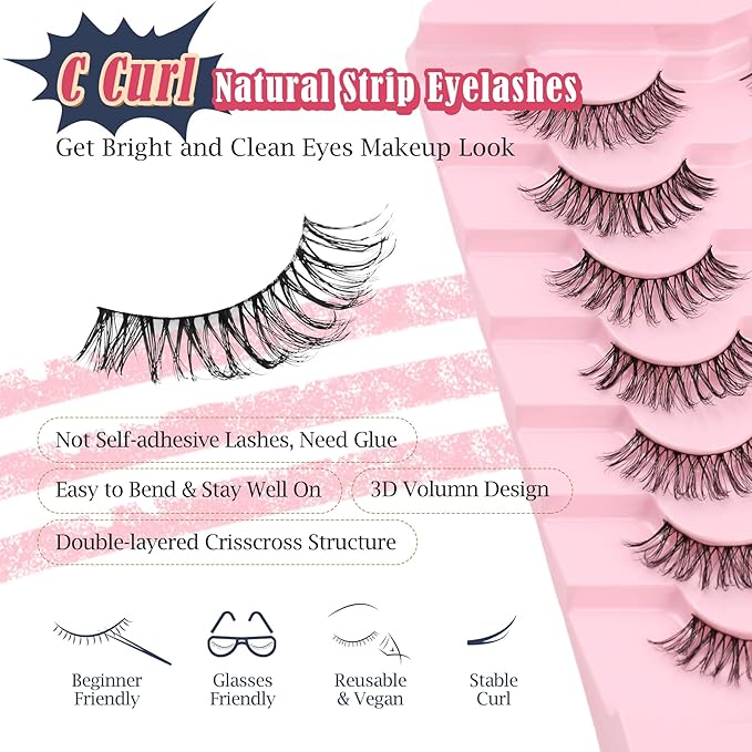 Lashes Cat Eye False Eyelashes Wispy 13MM Natural Lashes with Memory Band C Curl Lash Strips 3D Volume Fake Eyelashes Natural Look Siligli 7 Pairs