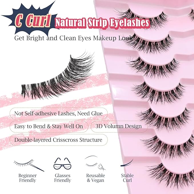 False Eyelahses Wispy Lashes Cat Eye 10MM Short Lashes C Curl Soft Lash Strips Fake Eyelashes Natural Look Cat Eyelash Pack with Clear Band Siligli 7 Pair