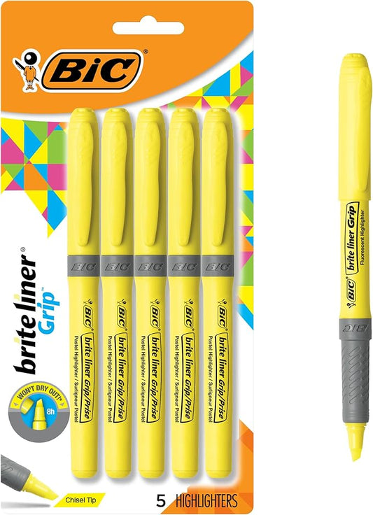 BIC Brite Liner Grip Highlighters, Chisel Tip, 5-Count Pack of Highlighters, Yellow, Ideal Highlighter Set for Organizing and Coloring