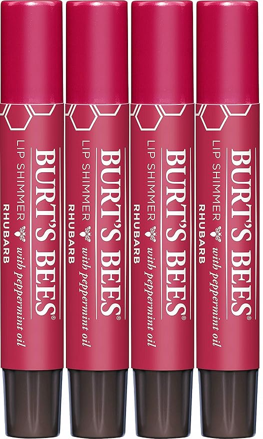 Burt's Bees Shimmer Lip Tint Set, Tinted Lip Balm Stick, Moisturizing for All Day Hydration with Natural Origin Glowy Pigmented Finish & Buildable Color, Rhubarb (4-Pack)
