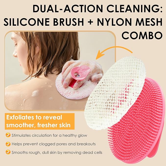 INNERNEED Food-Grade Silicone Body Scrubber Gentle Cleansing Brush with Exfoliating Net Sponge Bath Scrubbing Washcloth Case, More Hygienic and Well Lather (Pink Set)