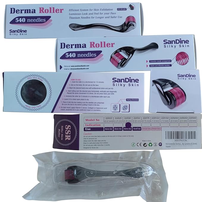 Microneedle Derma Roller - 540 Micro Needle Skin Care System - Ideal to Keep Your Skin Young and Radiant - Titanium for Silky Smooth and Beautiful Skin - Includes FREE E-Book -By Sandine (0.3mm)