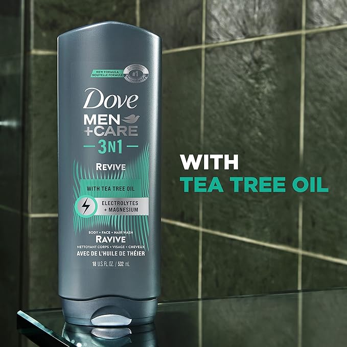 DOVE MEN + CARE Post-Workout Body Wash 3N1 Revive 4 Count For Men With Tea Tree Oil, 18 oz