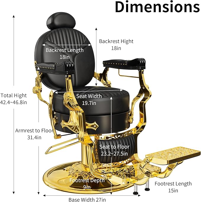 Baasha Elegant Black & Gold Barber Chair, Reclining Salon Chair with Plush Cushion & Adjustable Headrest, Heavy-Duty Structure for Tattoo & Hair Studios, 550 lbs
