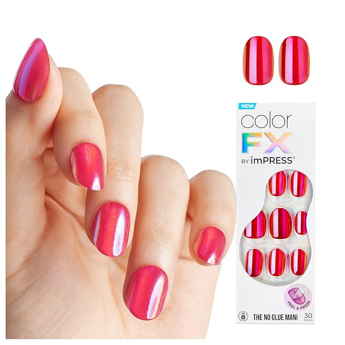 KISS colorFX by imPRESS Press On Nails , ‘Floating’, Solid Red with Pearlescent Finish, Short Oval, IMPROVED adhesive, Includes 30 Fake Nails, Prep Pad, 1 Manicure Stick, 1 Mini Nail File