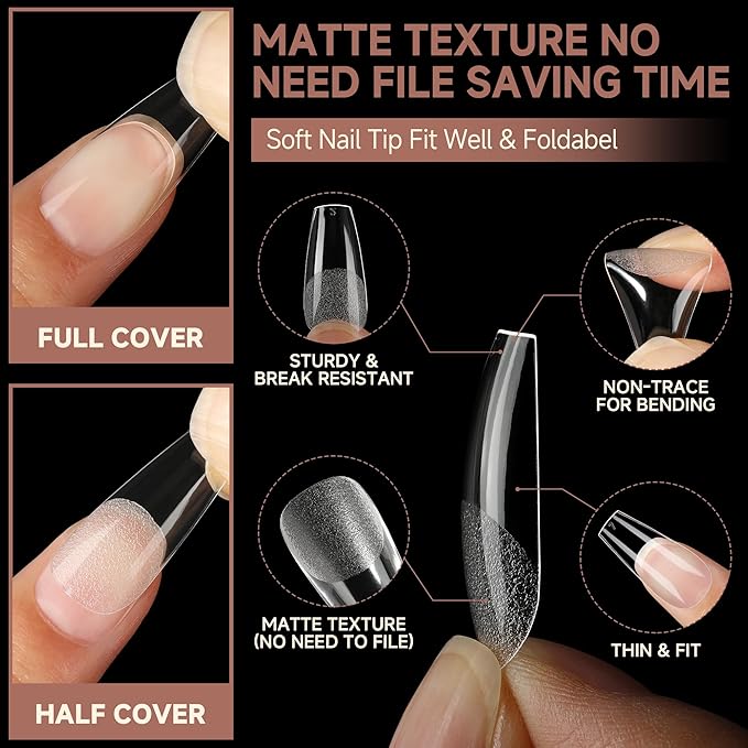 UNA GELLA Medium Coffin Nails Tips 504pcs - Gel Nail Tips Coffin Acrylic Full Cover Pre-buff Soft Gel Nail Tips Half Matte For Nail Extension Home DIY Salon 12 Sizes