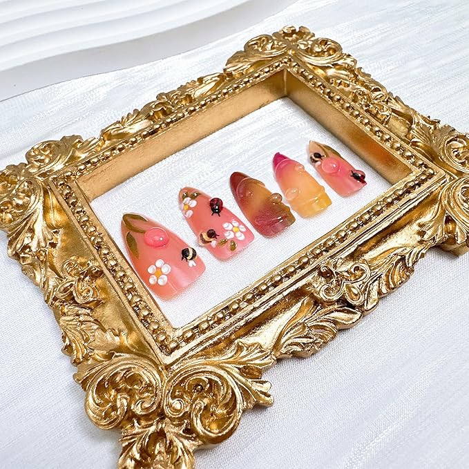 24pcs Summer Press on Nails Medium Almond Fake Nails with Insect Flower Acrylic Nails Designs Bee Glue on Nails Cute Floral False Nails Kit Full Cover Stick on Nails for Women Nail Decoration