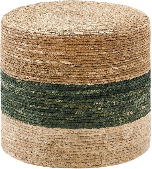Wimarsbon 18'' Ottoman Pouf, Natural Braided Poof, Rustic Handweave Lounge Pouffe, Boho Footrest Stool for Bedroom, Accent Table for Living Room (18inch Natural Cattail + Green Corn Husk)