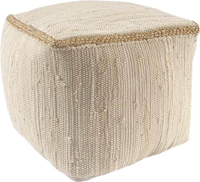 LR Home Birch/Silver Bordered Hand-Loomed Cotton Blend Cube Pouf with Jute Braid for Home Décor | Transitional Foot Rest for Bedroom & Living Room | 18 x 18 x 18 Stuffed Ottoman for Seating